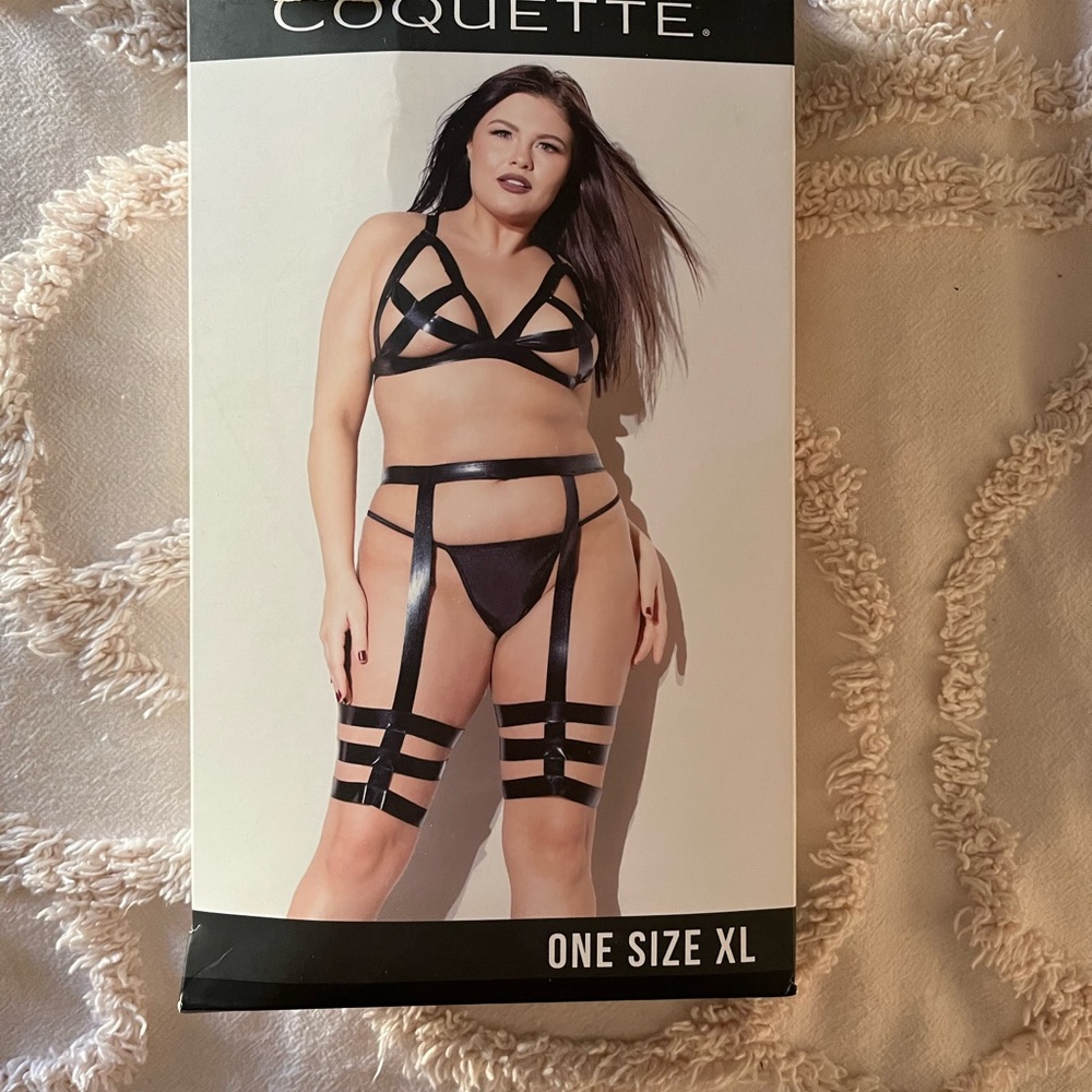 Coquette Dark Wet Look Triangle Bra and Leg Harness XL